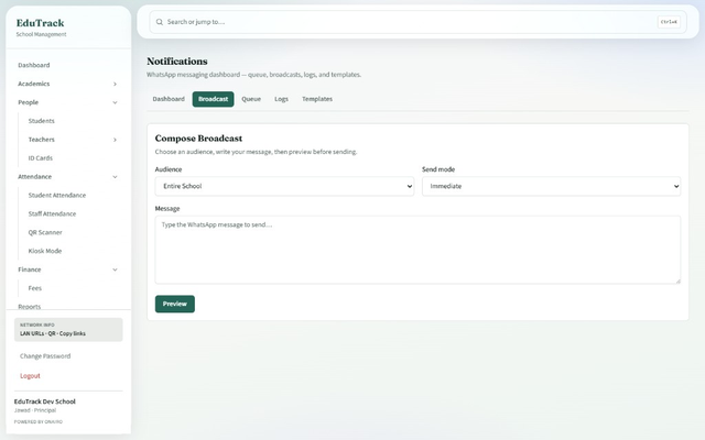 EduTrack WhatsApp parent broadcast