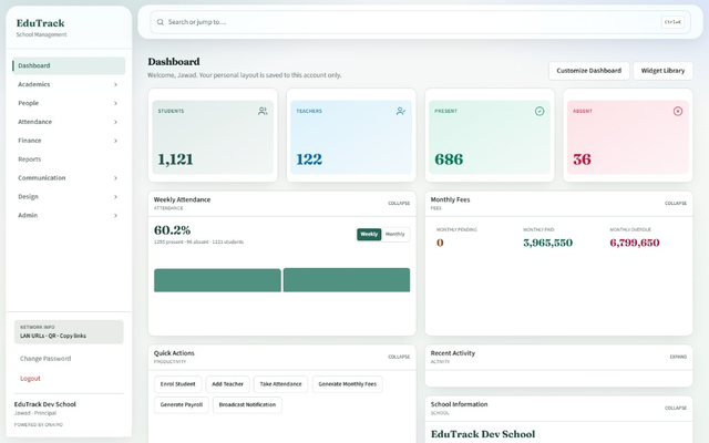 EduTrack school management dashboard