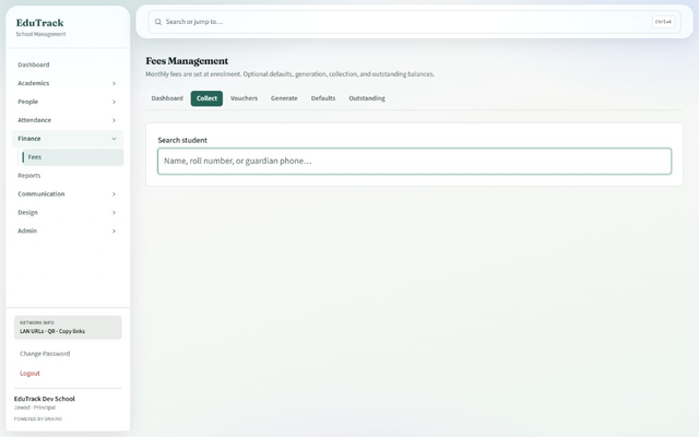 EduTrack fee collection desk