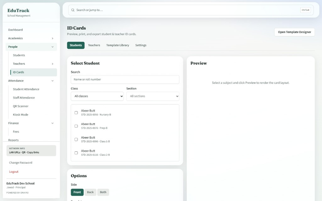 EduTrack student ID cards