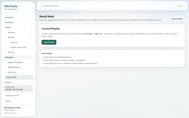 EduTrack kiosk mode for morning student check-in