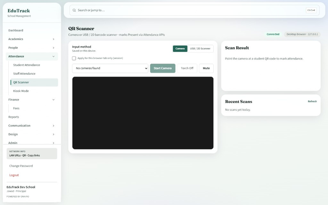 EduTrack QR scanner for student ID check-in