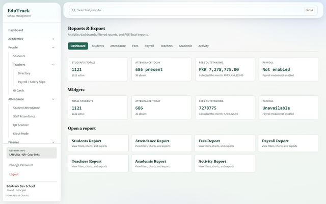EduTrack reports and exports