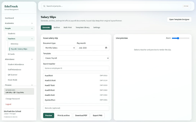 EduTrack salary slips and payroll