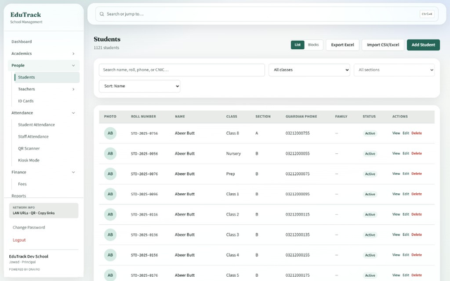 EduTrack students and admissions records