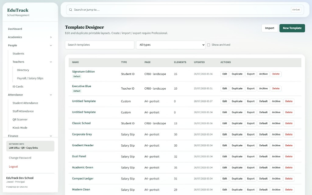 EduTrack professional print templates